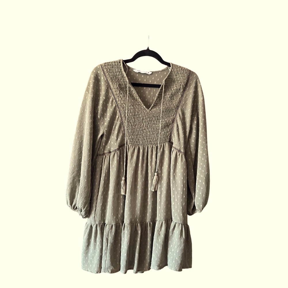 Zara Olive Green‎ Mini Dress Swiss Dot Smocked Long Sleeve Tassel Tie XS